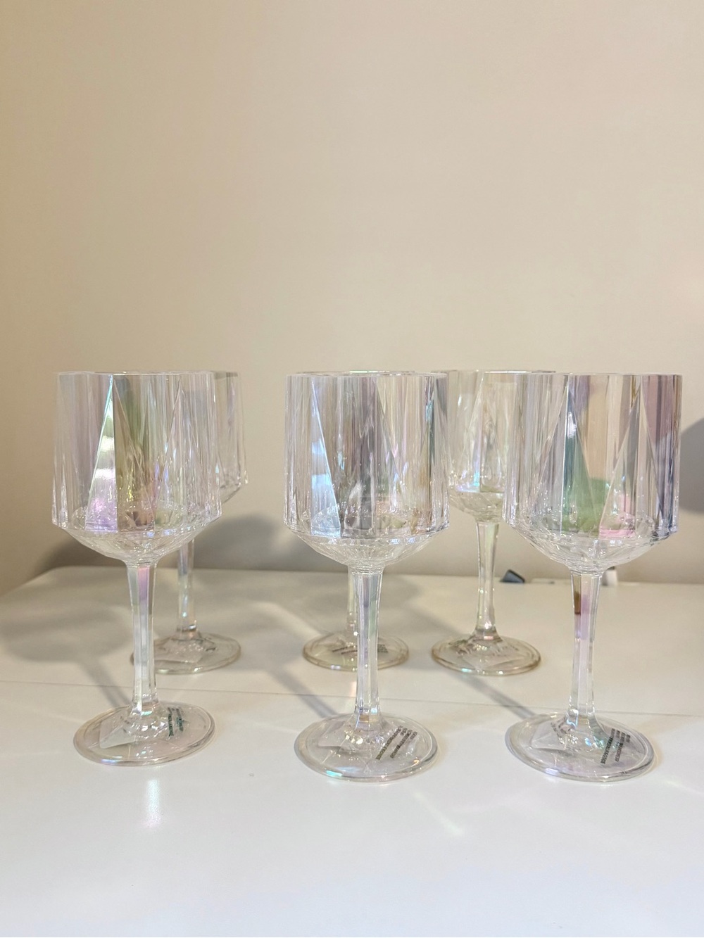 Set of 6 Iridescent Clear Acrylic Wine Glasses Faceted Prism Stemmed Goblets 8”